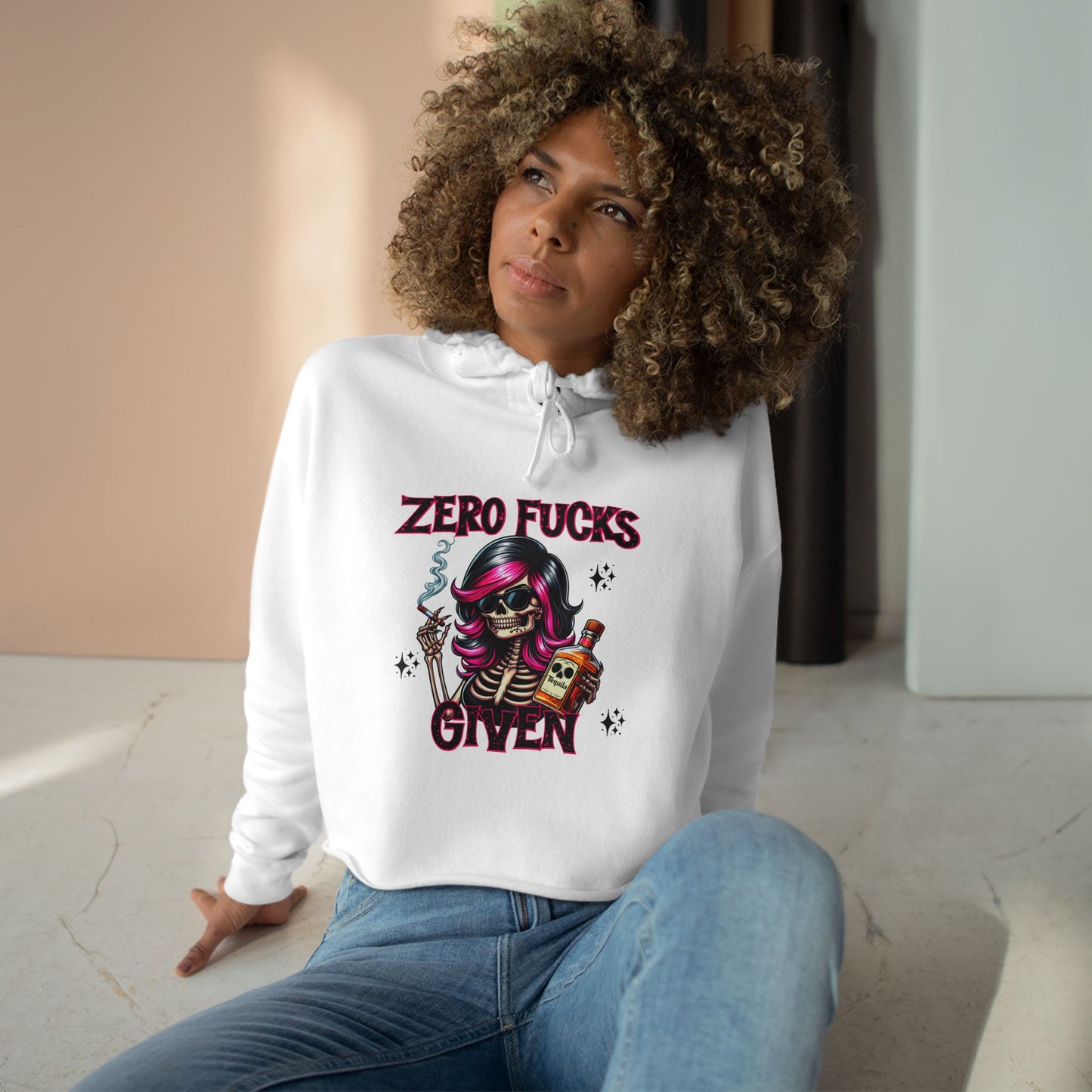 Zero F*cks Given Crop Hoodie, Casual Streetwear, Funny Gift for Friends, Halloween, Music Festivals, Unique Style